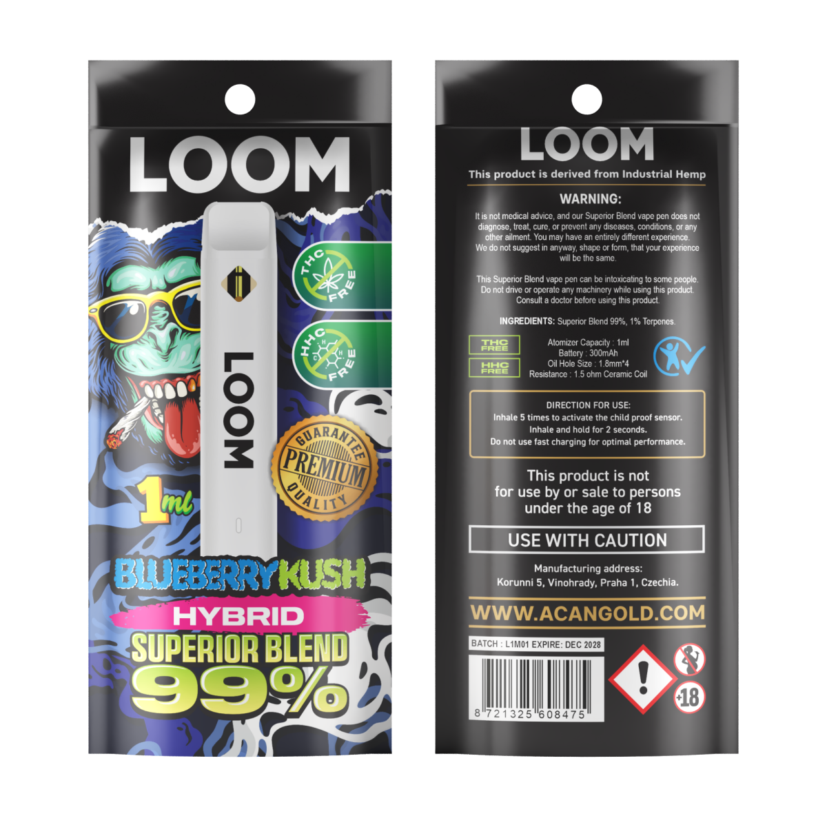 Vaper desechable loom blueberry kush hybrid 1ml superior mix acan