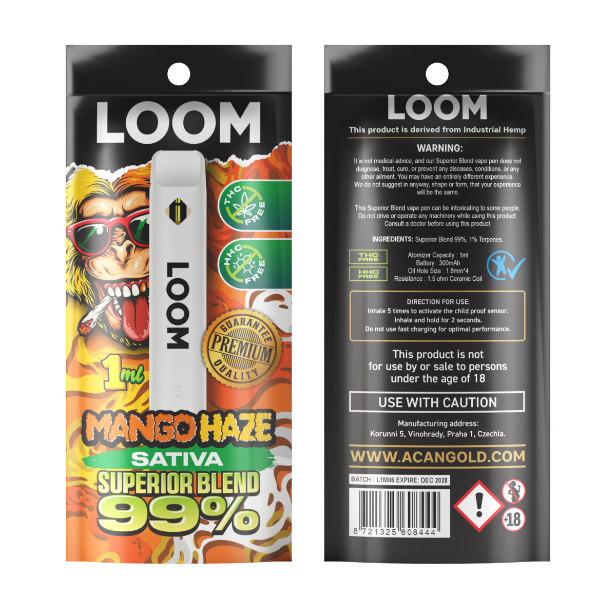 Vaper desechable loom mango haze sativa 1ml superior mix acan
