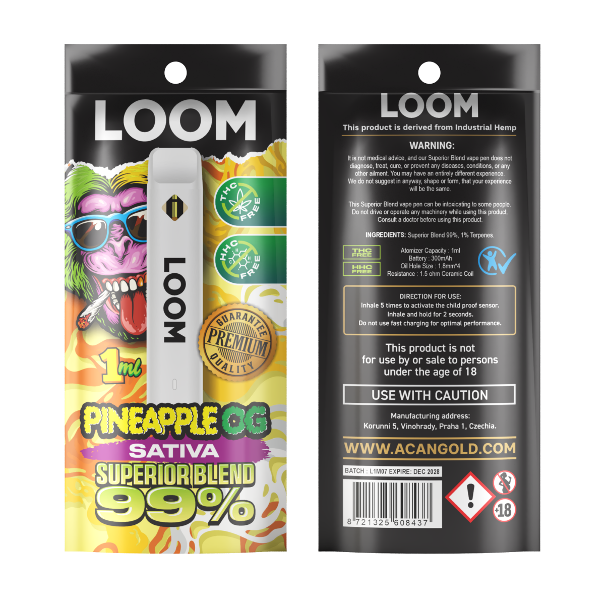 Vaper desechable loom pineapple og sativa 1ml superior mix acan