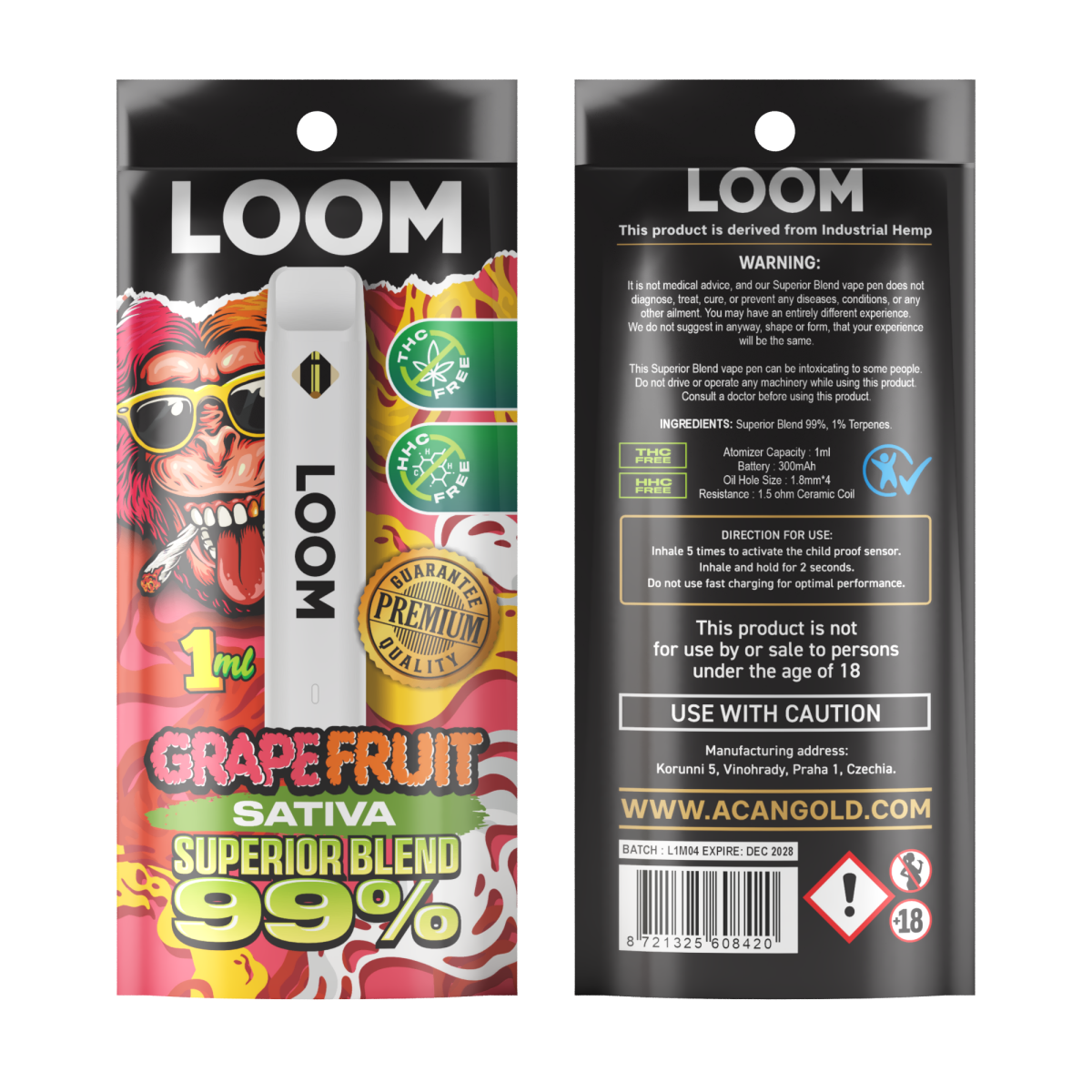 Vaper desechable loom grape fruit sativa 1ml superior mix acan