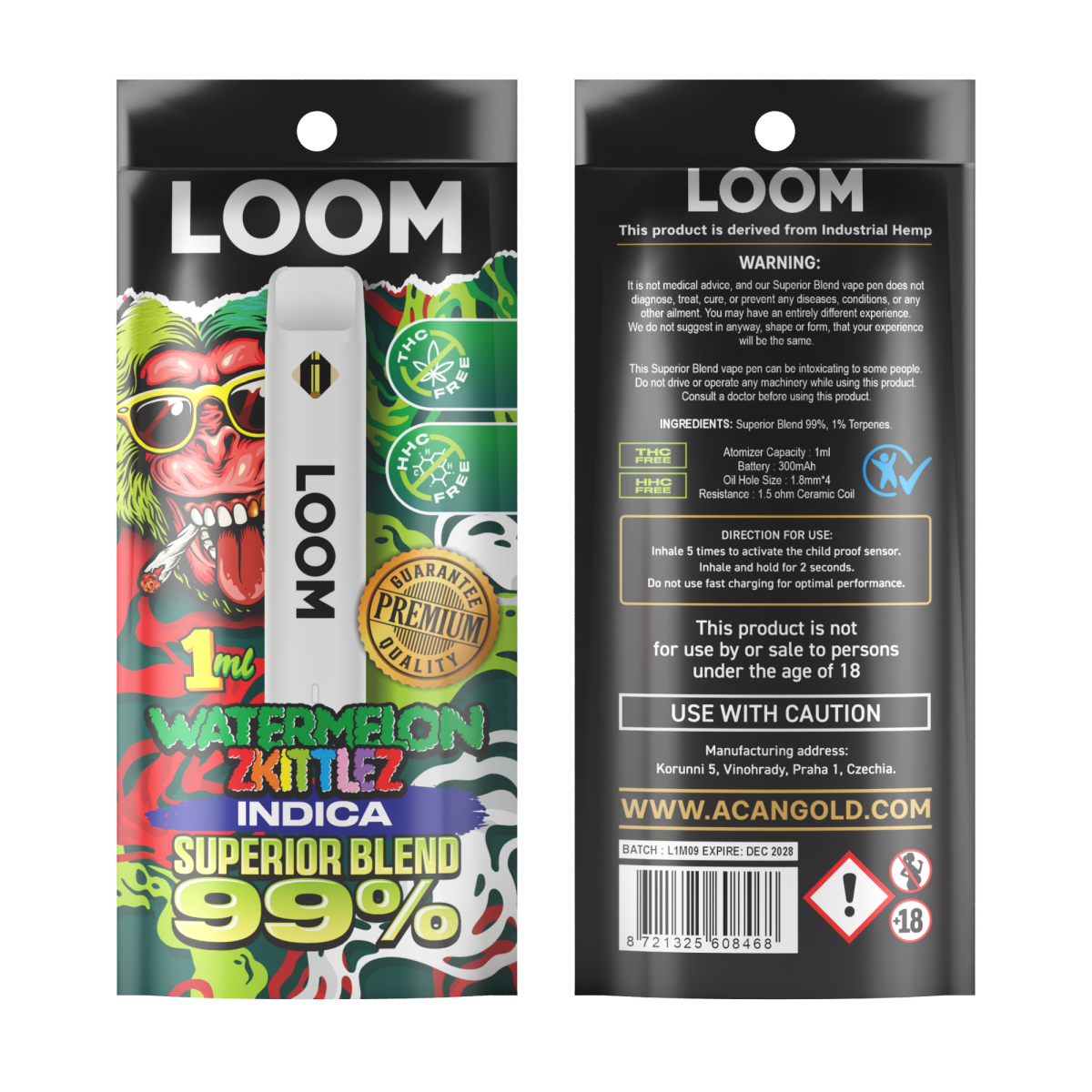 Vaper desechable loom watermelon zkittlez indica 1ml superior mix acan